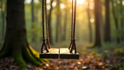 Tranquil Moment: Wooden Swing in Forest with Sunlight Streaming Through the Trees