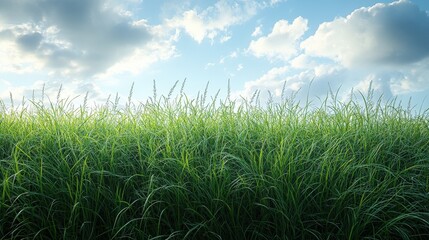 Obraz premium Lush green grass sways gently under a vast blue sky with fluffy clouds