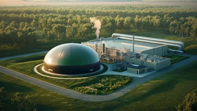 Aerial view of a modern biogas plant with two green dome digesters surrounded by forest, highlighting the contrast between raw biogas storage and upgraded RNG pipelines in a clean energy facility.