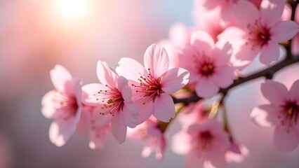Naklejka premium Delicate Pink Cherry Blossoms in Spring Sunlight: A Close-Up Floral Beauty 