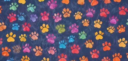 Colorful dog paw prints, cheerful seamless background,  dog paw print pattern,  animal,  cute