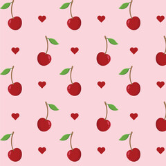 Small red cherries with leaves and hearts seamless pattern vector illustration.