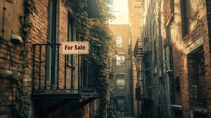A vintage brick apartment building with small "For Sale" sign tucked into the black iron balcony railing, with