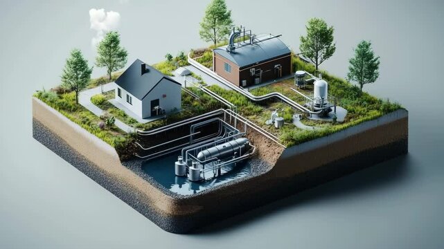 3D isometric illustration of a decentralized biogas system with underground digesters, residential home, processing unit, and trees, demonstrating sustainable energy generation at a local household