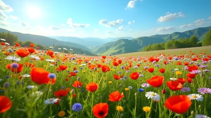 Fototapeta premium Picturesque wildflower meadow with red poppies, daisies, and rolling hills on a sunny day.