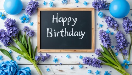 Blue decorations and hyacinth flowers on white table, blackboard with text Happy Birthday.