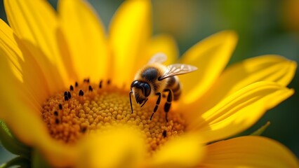 Close-up of a bee collecting pollen from a vibrant sunflower in a bright and sunny summer garden