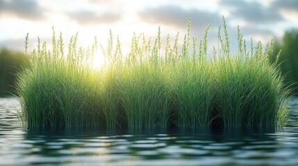 Obraz premium Lush green grass tuft rises from calm water, lit by sunlight in serene nature
