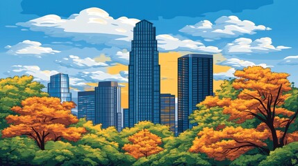 Obraz premium Pixelated cityscape vista with autumn trees captures urban beauty and retro aesthetics in vibrant colors and crisp lines