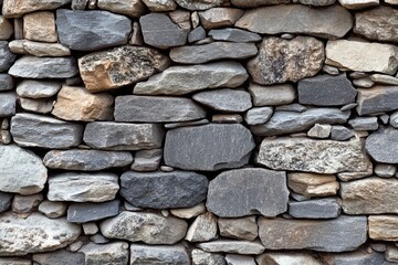 Obraz premium Close-up view of a stone wall Various sizes and shades of gray, tan, and brown stones, tightly fitted together, creating a textured surface