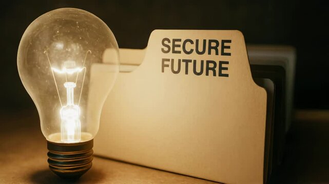 Glowing light bulb beside folder labeled secure future symbolizes retirement planning with life insurance for financial stability and confident life
