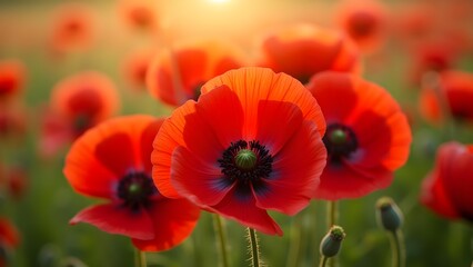 Obraz premium Vibrant Red Poppies Blooming in a Sunny Field, Close-Up View