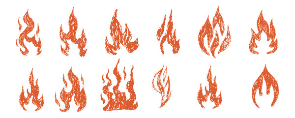 Fire flame grunge hand drawn chalk. Tattoo abstract y2k vintage simple shape. Crayon drawn red flame icon. Graffiti doodle.
