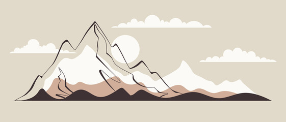 Minimalistic mountain landscape, geometric stylization mountain, sunrise and sun, vector illustration