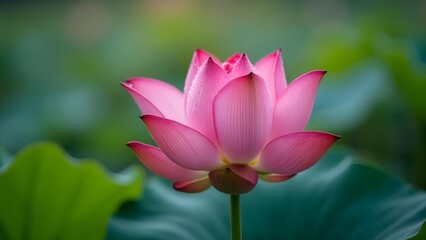 Obraz premium Exquisite Close-Up of a Pink Lotus Blossom with Dew Drops, Set Against a Serene Green Background
