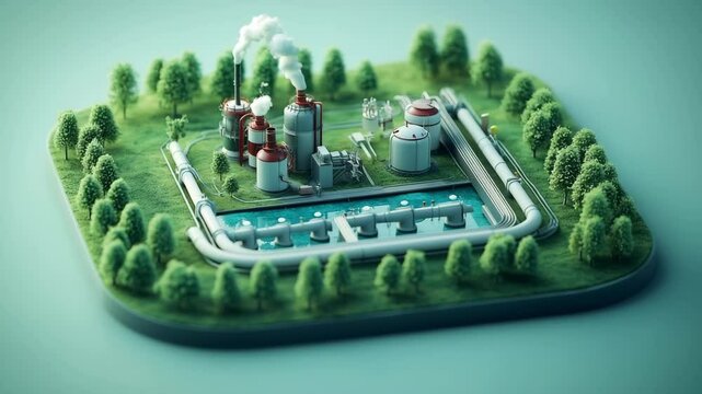 3D rendered miniature of a biogas facility surrounded by dense pine trees, showcasing clean energy production with digesters, water treatment pools, and pipelines in a sustainable forest setting.