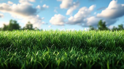 Fototapeta premium Lush green grass under a bright, cloudy sky; perfect summer day background