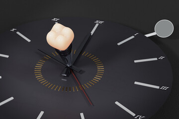 Dental implant with a prominent head  and designed with a black clock for a dental advertisement, single implant image ,3d render