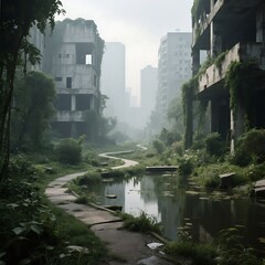 Fototapeta premium Post-apocalyptic urban landscape, abandoned concrete structures