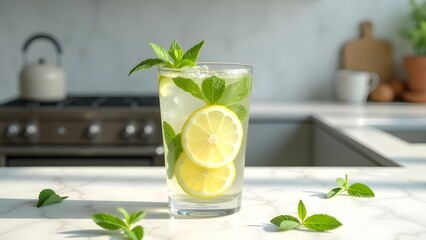 Fototapeta premium Refreshing Lemonade with Lemon and Mint in Glass on Marble Counter in Kitchen. Beverage Still Life.