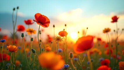 Obraz premium Vibrant wildflower field at sunset, showcasing colorful poppies, creating a warm and inviting spring scene