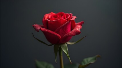 Fototapeta premium Blooming Red Rose with Water Droplets on Petals Against a Dark Background