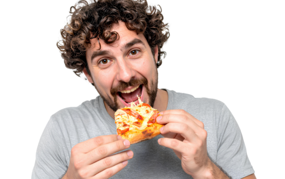   A man with curly hair and a goatee is excitedly eating pizza, against a transparent background.png