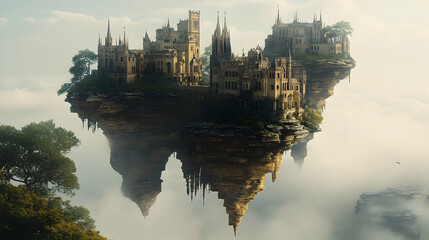 Naklejka premium Floating castle city resting in the clouds, a breathtaking vision.