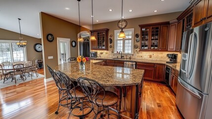 Clean, bright kitchen interior staged for sale with flowers, counter lighting, and open layout ready for photo listing