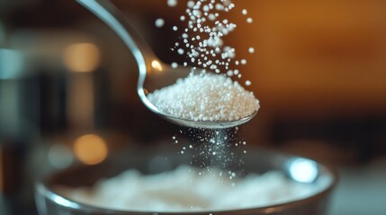 A close-up of tiny white MSG granules falling from a spoon into a bowl, with a blurred background of a kitchen setting.