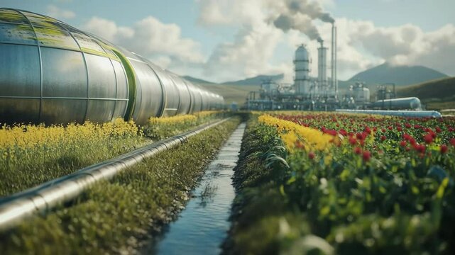 Futuristic biogas pipeline infrastructure running through a vibrant flower field, with a modern processing facility in the distance under a bright sky,  clean energy and sustainable agriculture.