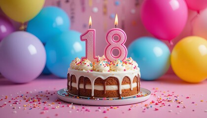 Coming of age party - 18st birthday. Delicious cake with number shaped candles on pink table near balloons.