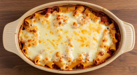 Baked Rigatoni Pasta Dish With Melted Cheese On Top View From Above