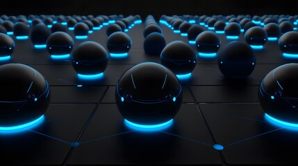 Dark, futuristic spheres aligned in a grid pattern.