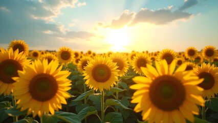 Fototapeta premium Radiant Sunflower Field at Sunset: A Summer's Golden Bloom