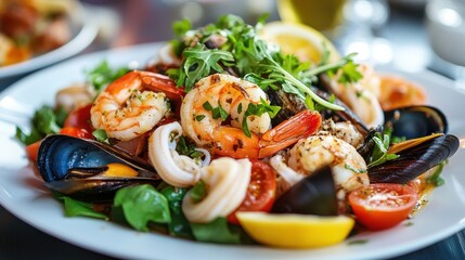 A vibrant seafood salad with shrimp, squid, and mussels on a white plate, garnished with fresh greens, cherry tomatoes, and a drizzle of lemon dressing