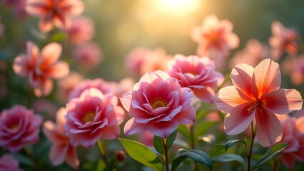 Fototapeta premium Dreamy Pink Blossoms in Golden Sunlight: A Floral Close-Up