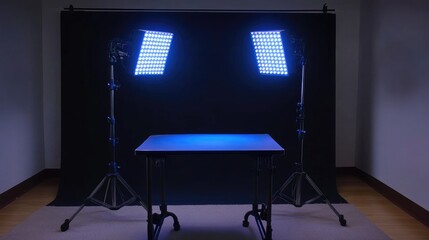 Compact home studio lighting setup with tabletop lights and DIY backdrop