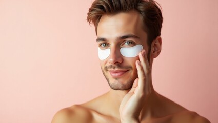 Under Eye Patches. Young man with white cream patches applying skincar