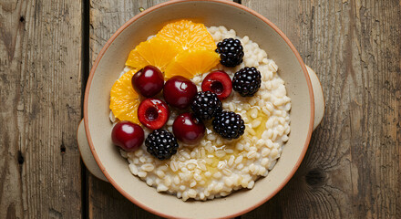 Delicious Oatmeal With Fresh Cherries Blackberries And Orange Slices