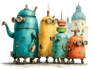 Naklejka premium Steampunk Robot Friends: A whimsical illustration of four charming steampunk robots, each with unique designs and personalities.