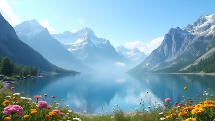 Scenic Mountain Lake Landscape with Flowers and Reflections, Alpine Vista