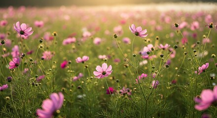 Fototapeta premium Dreamy Cosmos Field at Golden Hour: Serene Floral Landscape Photography