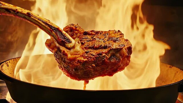 Sizzling Tomahawk  Tender tomahawk steak sizzling in a hot pan against a backdrop of fiery flames, cooked to perfection