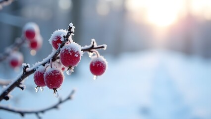Crabapples covered in frost with frozen water droplets in a winter landscape.