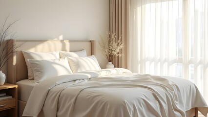 Elegant modern bedroom with white bedding and soft natural light for cozy and comfortable living.