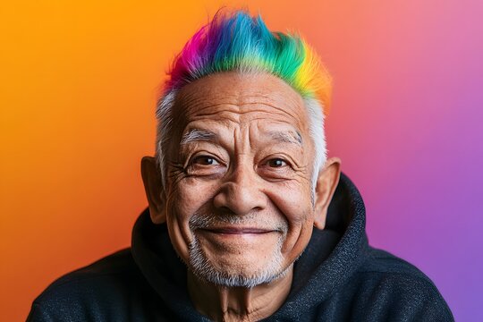 Portrait of an older informal gay man with youthful colorful hairstyle, pride month, LGBT community, freedom flag