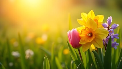 Obraz premium Spring Blooms: Daffodils, Tulip, and Hyacinth in Golden Sunlight