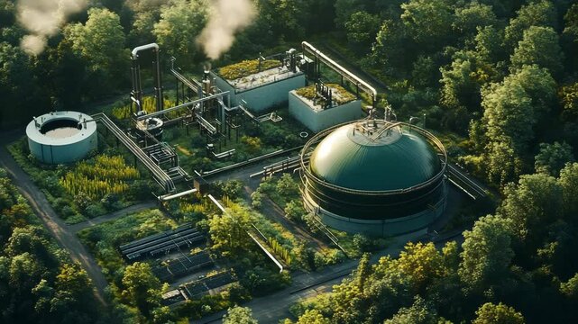 Aerial view of a biogas production facility surrounded by dense forest, featuring a large green digester dome and interconnected pipeline system, sustainable energy integration with natural ecosystems