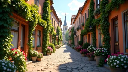 Fototapeta premium Charming European street scene with flowers and church steeple view, cobblestone road, vines, old town architecture.
